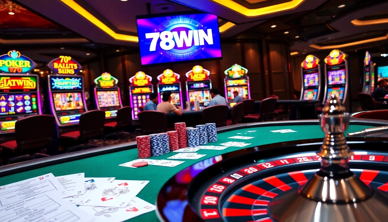 High-stakes poker table at 78WIN with vibrant chips and cards, showcasing thrilling casino action.