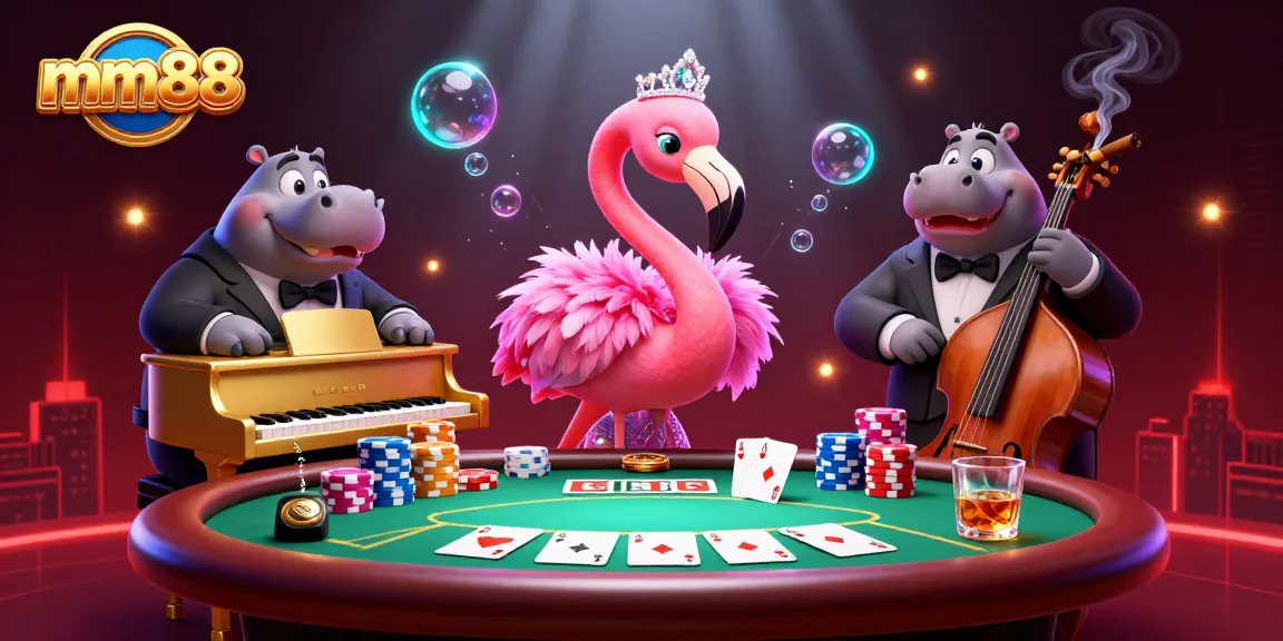 Experience vibrant gaming thrills at mm88 with a captivating animated casino scene featuring dynamic characters and poker elements.