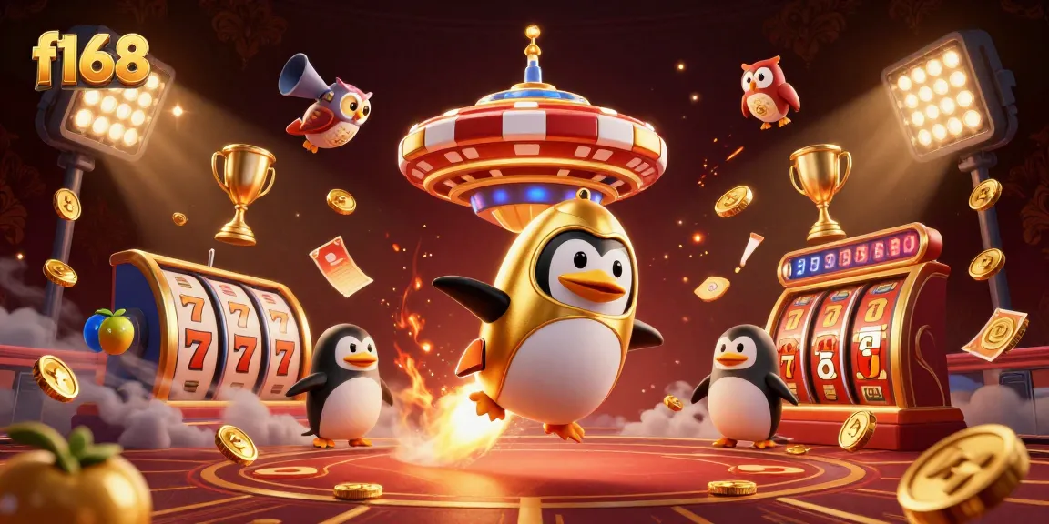 Spin and win with f168 as a golden penguin rockets towards a casino space station!