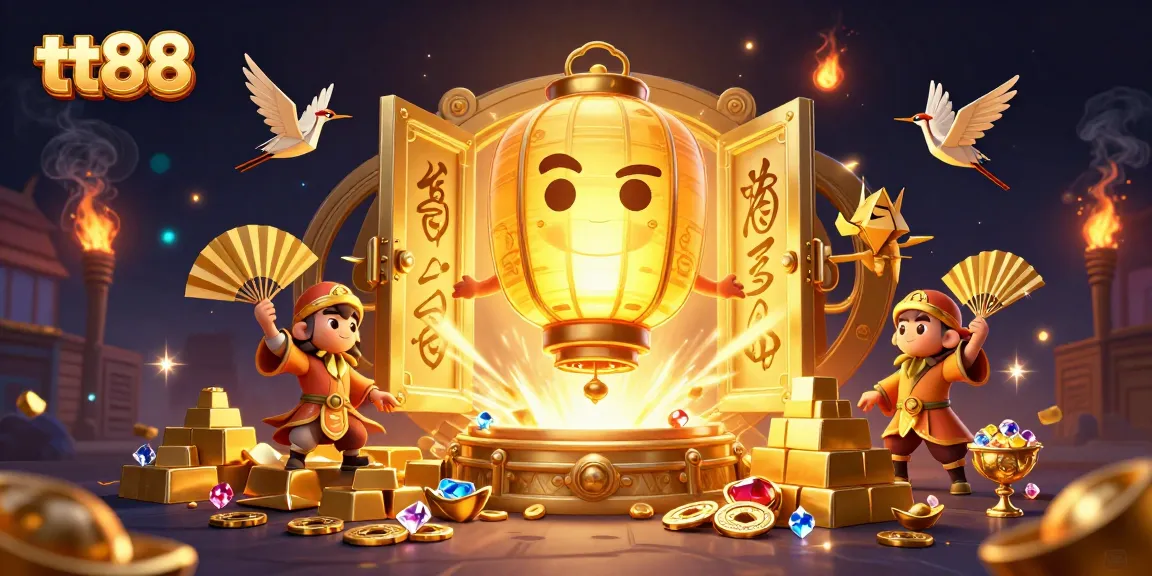 Engage in thrilling gameplay at tt88, featuring vibrant golden lanterns, warriors, and dazzling casino treasures.
