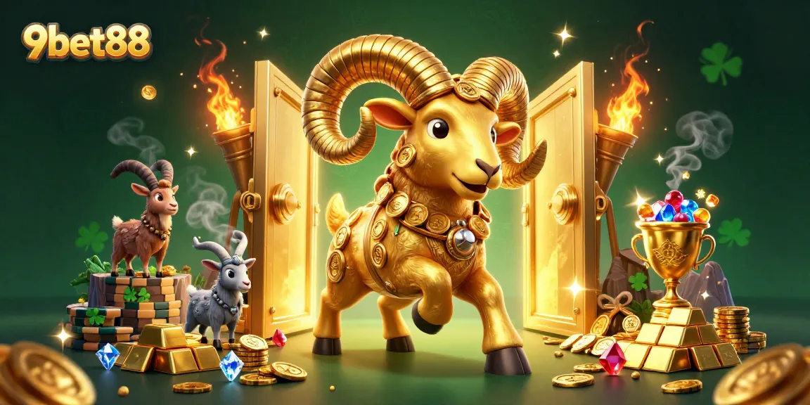 Engage in thrilling wins at 9bet88 with 3D golden ram charging through a treasure-filled casino atmosphere.