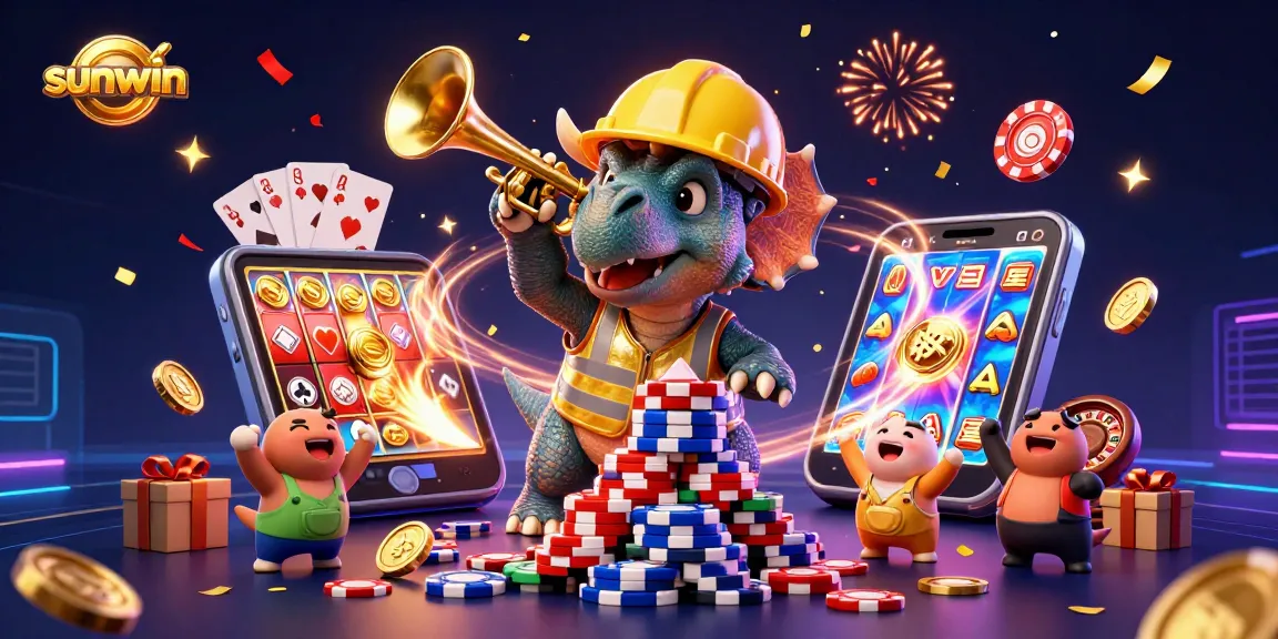 Win big with sunwin games as a triceratops builds a poker chip pyramid amidst a vibrant casino celebration.