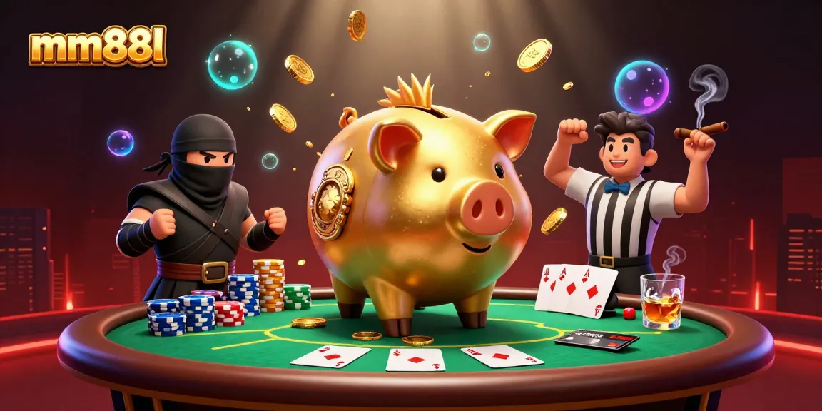 Feel the excitement as a massive golden piggy bank sumo wrestler stomps coins, surrounded by mm88l gameplay elements.