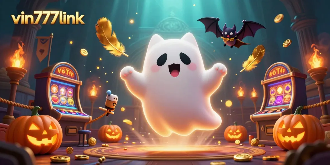 Win big at vin777link, where a ghost cat and bat in capes float through a haunted casino.