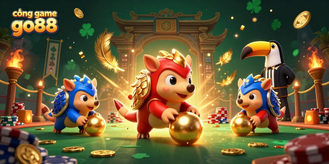 Experience the thrill at cổng game go88 as rival pangolins roll through poker chips in a vibrant 3D casino.