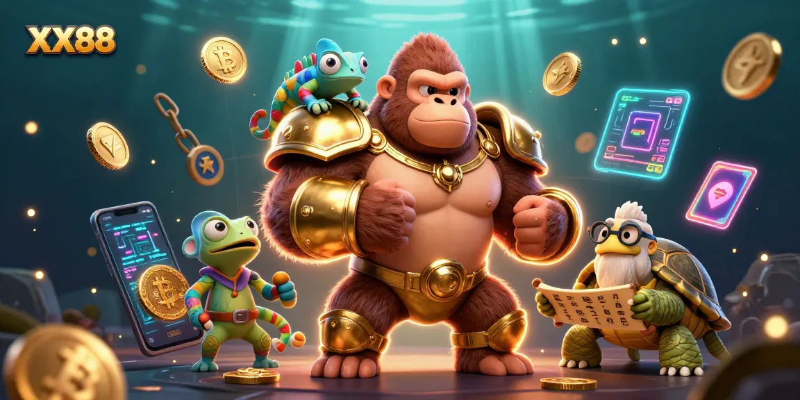 Engage with XX88, watching the imposing gorilla king and wise tortoise in a vibrant casino scene.