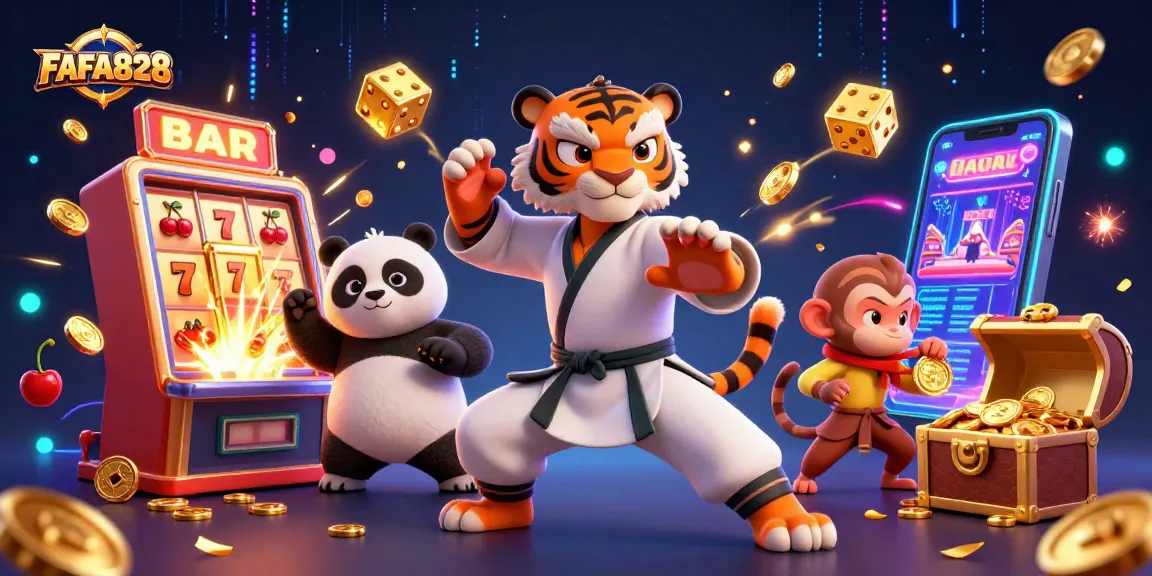 Experience excitement at FAFA828 with a kung fu tiger, panda, and a mischievous monkey in a rich casino scene.