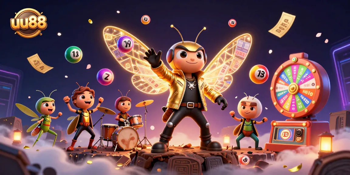 uu88's vibrant casino-inspired scene with a rock star cicada, drummer beetle, and lively games.
