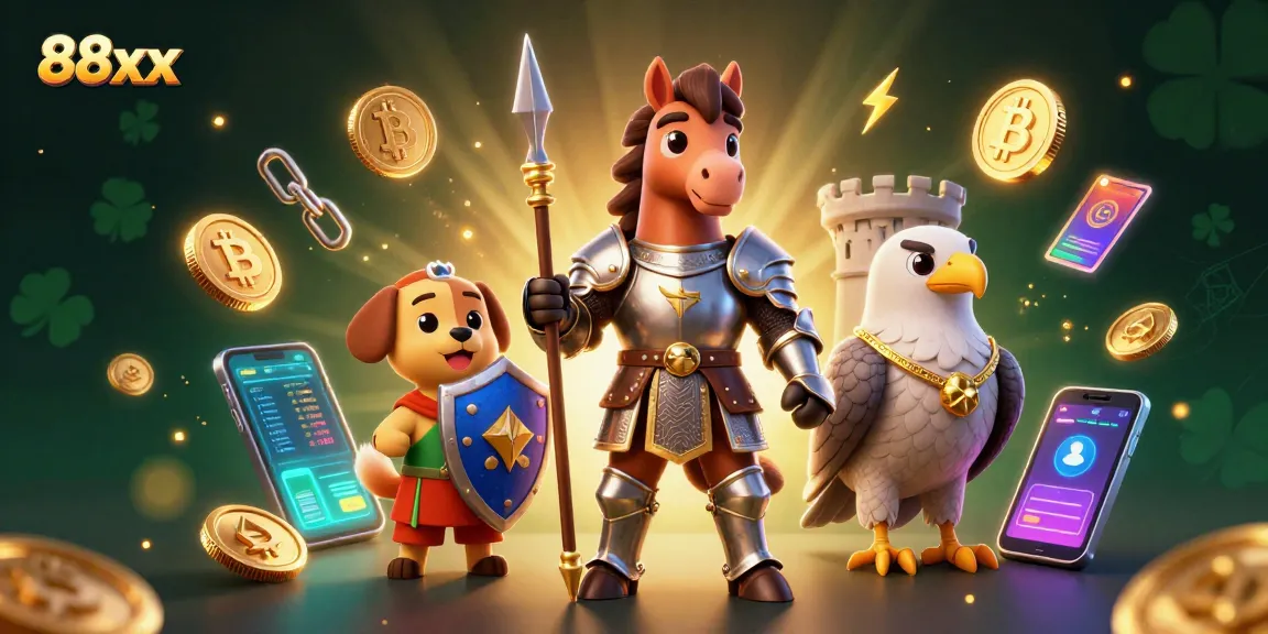 Experience thrilling online games at 88xx with a knight, puppy, and falcon surrounded by crypto elements.