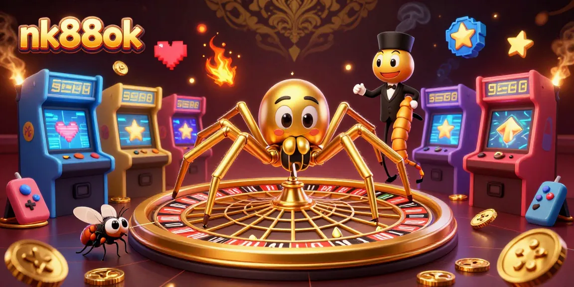 Engage in thrilling bets at nk88ok with a 3D cartoon scene featuring a golden spider and potato.