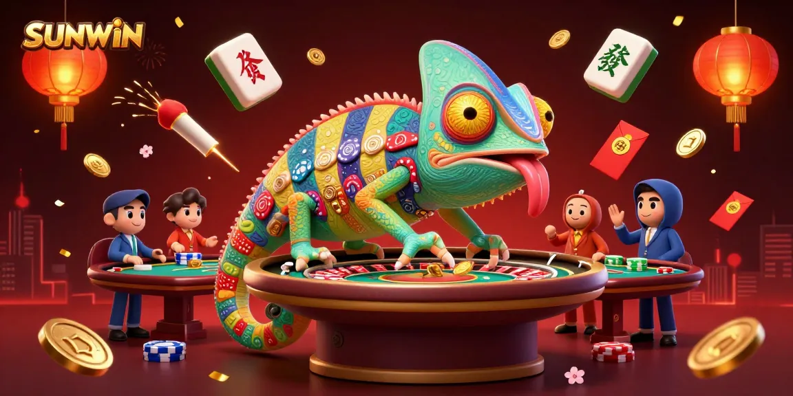 SUNWIN thrills with vibrant 3D casino illustration showcasing a chameleon owner and dynamic game elements.