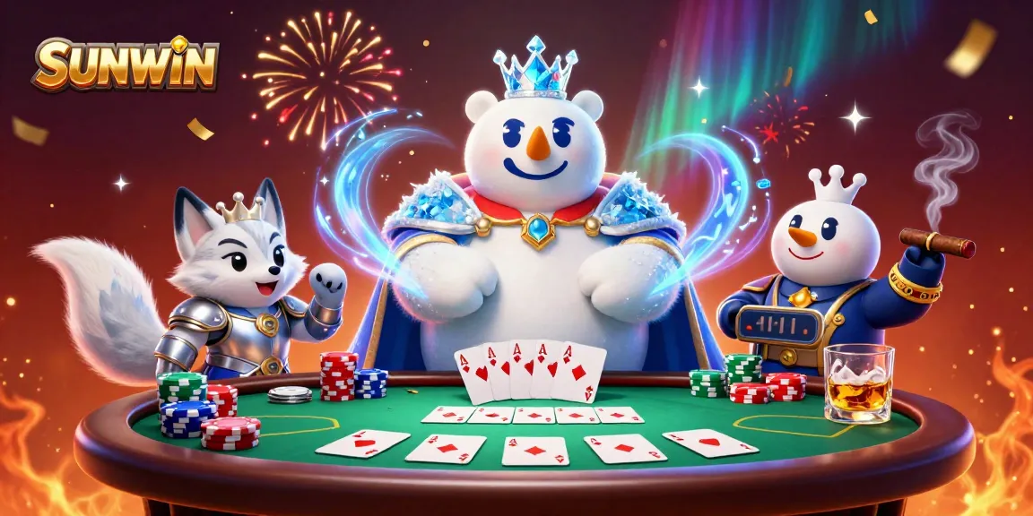 SUNWIN showcases a majestic polar bear and snow fox in a vibrant casino scene, surrounded by poker elements.
