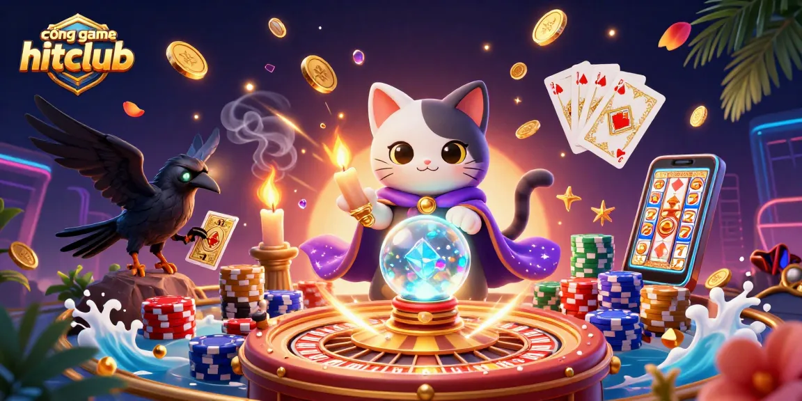 Experience the exciting cổng game hitclub with a mystical cat, tarot raven, and casino elements!