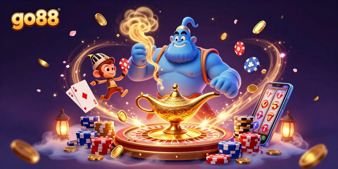 Engage with go88's vibrant casino experience through a magical genie scene full of excitement and treasures.