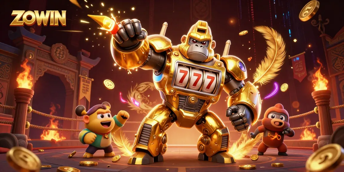 ZOWIN transforms gameplay with a golden gorilla mech slot machine and vibrant casino elements.